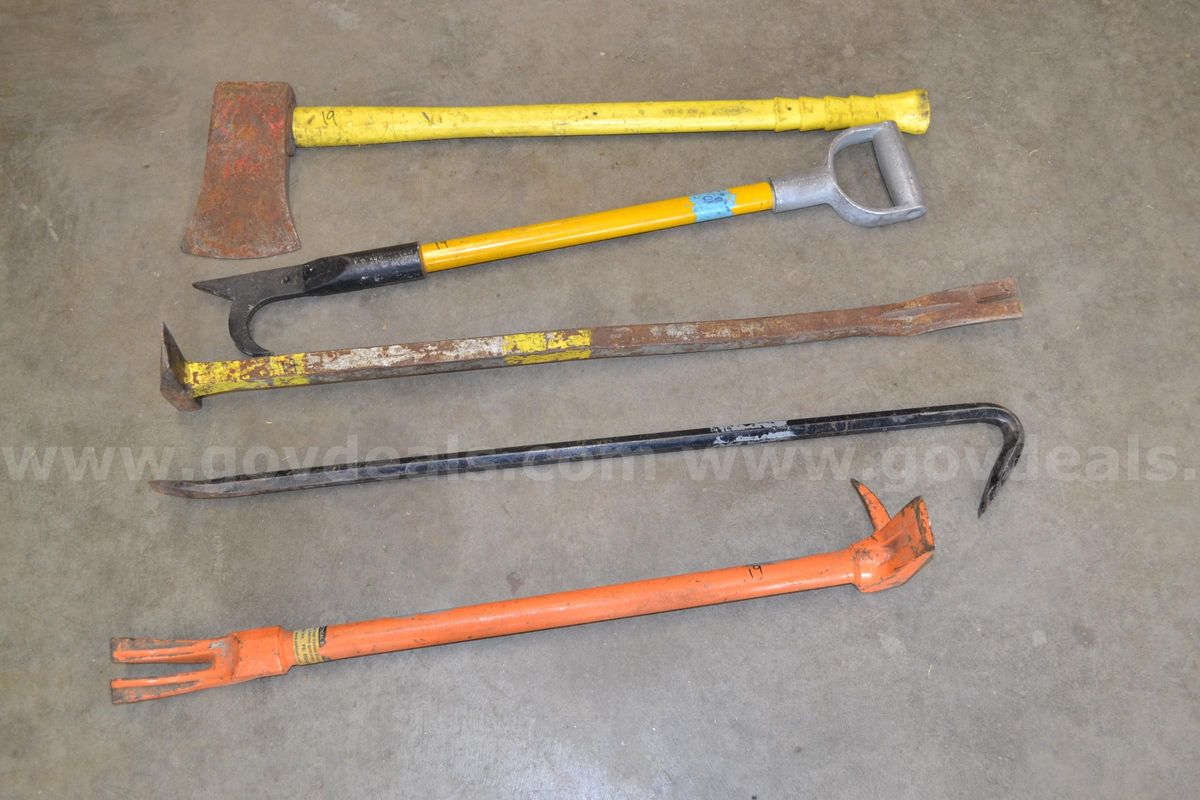 Lot To Include 1-Flat Head Axe, 1-2' D-Handle Pike Pole, 2-3' Pry Bars And 1-Halligan Bar