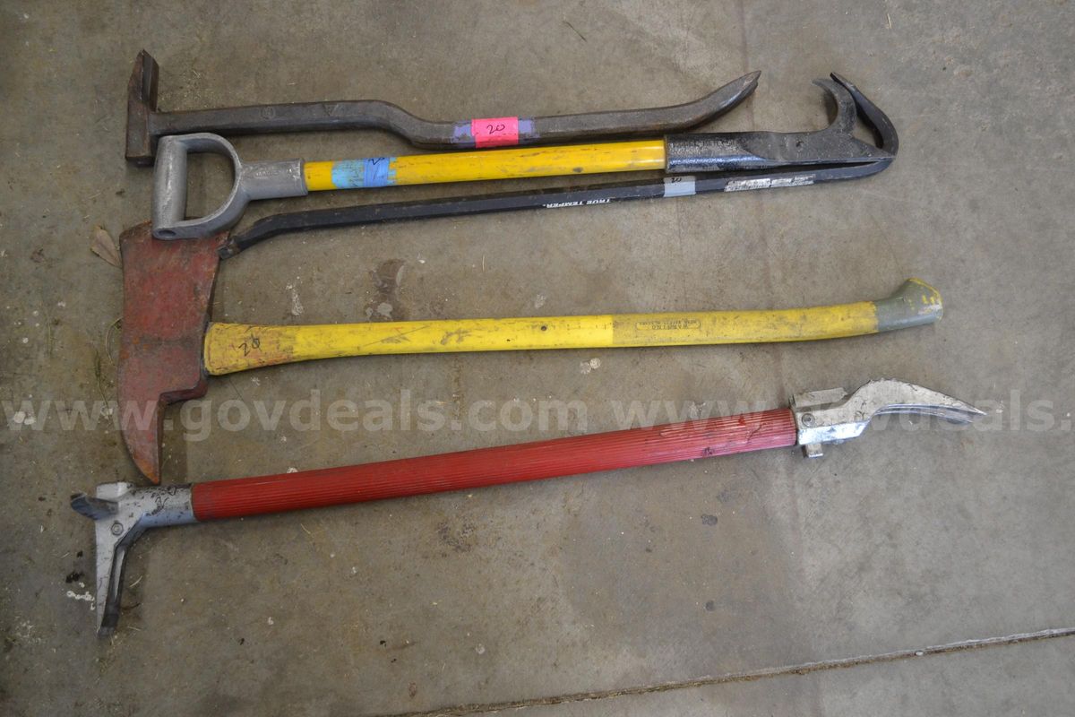 Lot To Include 1-Pick Head Axe, 1-2' D-Handle Pike Pole, 2-3' Pry Bars And 1-Halligan Bar