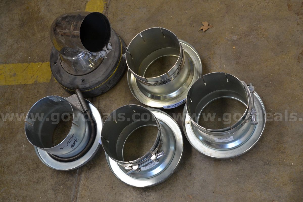 Lot Of Four (4) 6" Plymovent To Exhaust Pipe Adaptors And One (1) 6" Magnetic Tip To Hose Station Adaptor