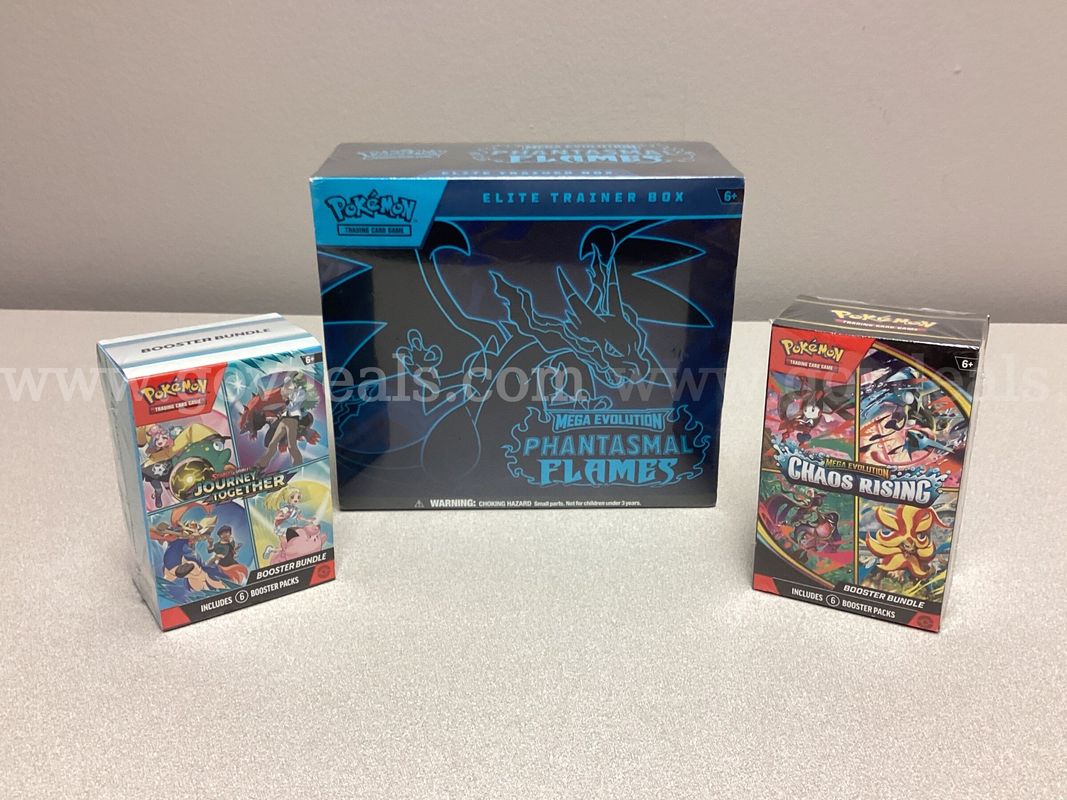 Pokémon Mega Evolution Phantasmal Flames elite training box, Chaos Rising Bundle, Journey Together Bundle