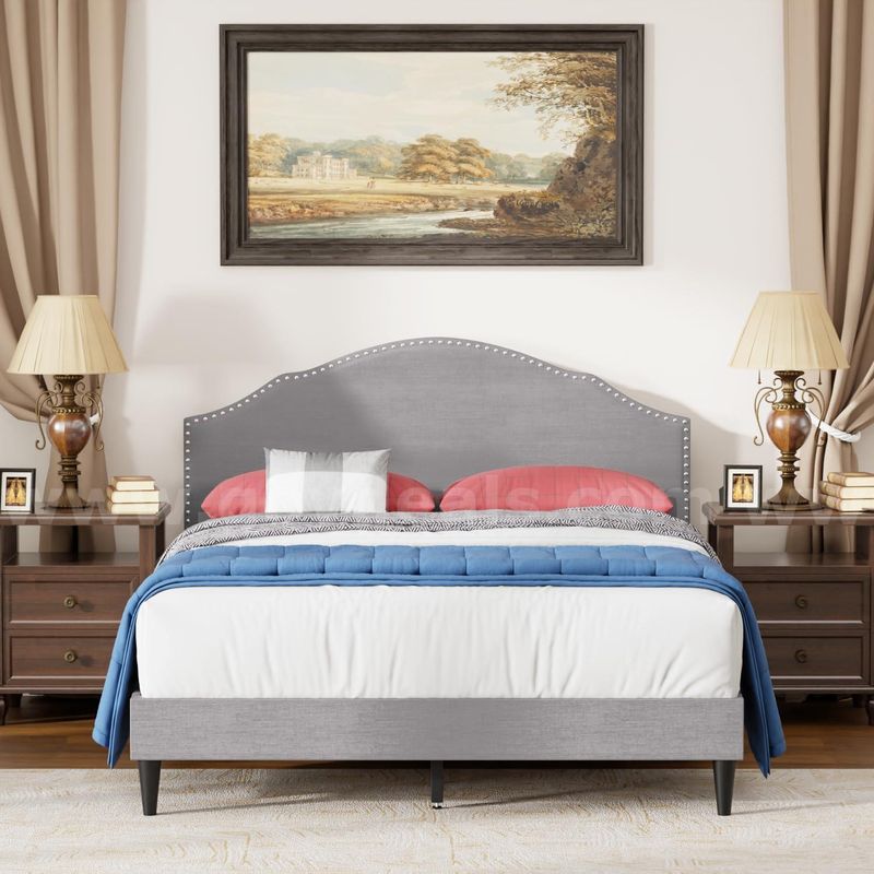 SHIPPING AVAILABLE Full Size Upholstered Platform Bed Frame with Curved Soft Headboard, Wooden Slat Support(C-02)
