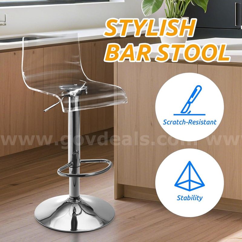 SHIPPING AVAILABLE Lessmore Clear Bar Stools Set of 2, Acrylic Bar Stools Swivel, Transparent Bar Stool, Silver(A-003)