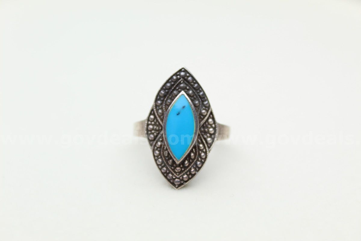 Vintage Sterling Silver Turquoise Navette Ring – Marquise Cabochon – Size 5.75