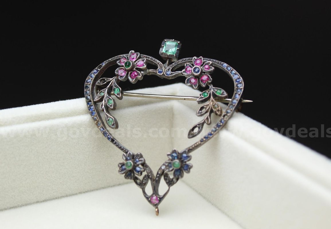 10k Gold Antique Emerald Ruby Sapphire Brooch