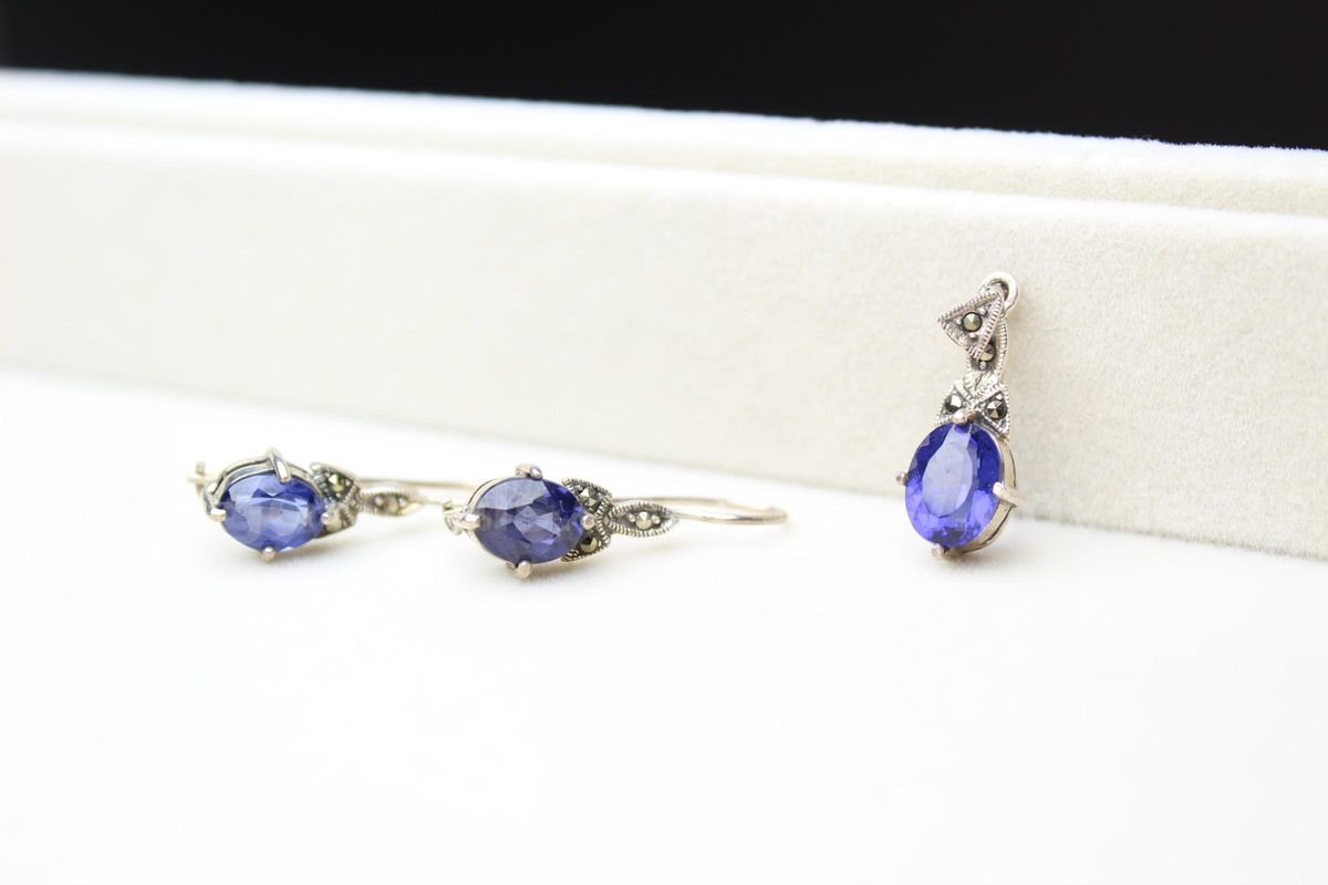Sapphire Pendant and Earring Jewelry Set
