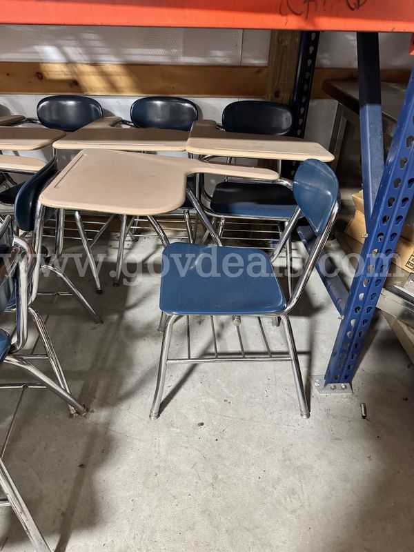 200 - Single-student classroom desk with attached chair and laminate writing surface. Sold as pictured.