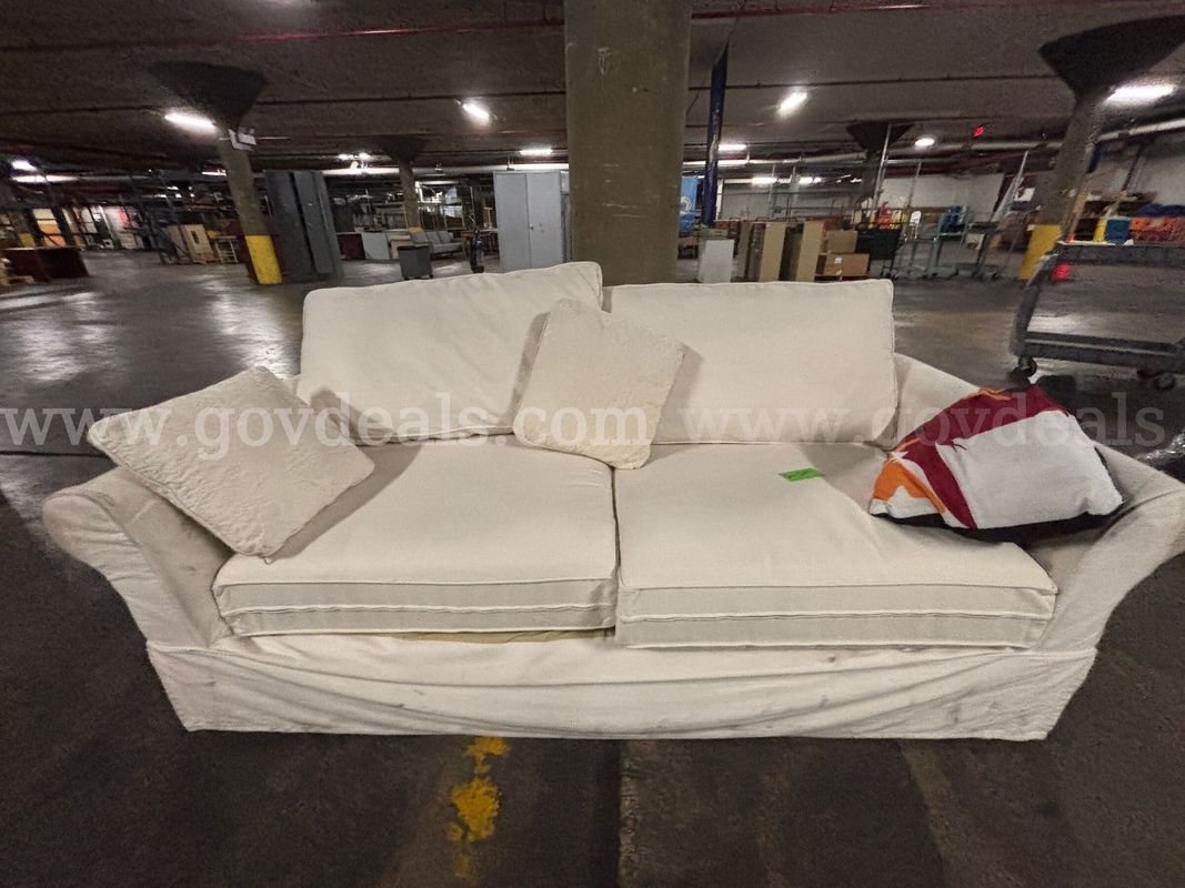 White Fabric Sofa Couch with Throw Pillows (PICK‑UP ONLY | NO 3RD‑PARTY PICKUP)