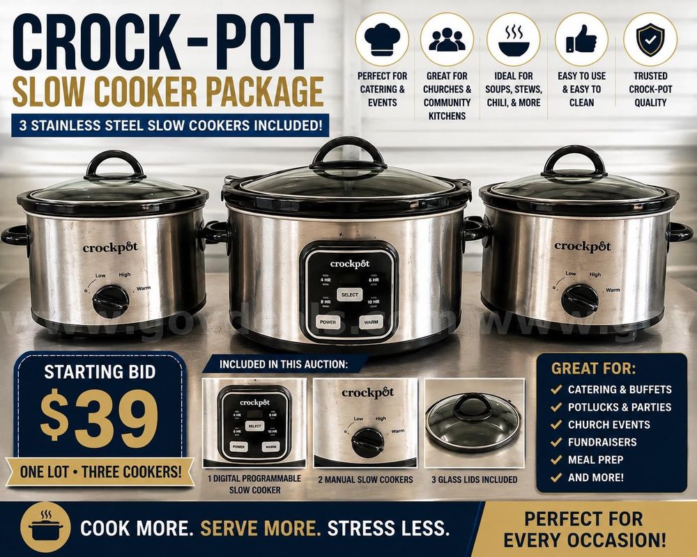 Lot of 3 Crock-Pot Slow Cookers – Stainless Steel Programmable & Manual Models