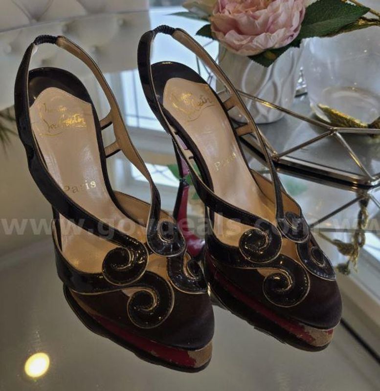 Authentic Original Christian Louboutin Black Swirl Dark Brown Slingback Pointed Toe Heels Size EU 37 Shoes