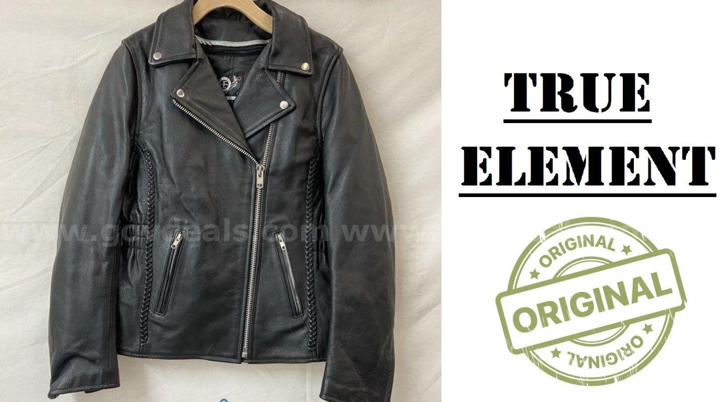 Authentic Original True Element Women's Black Leather Motorcycle Jacket Coat Size M