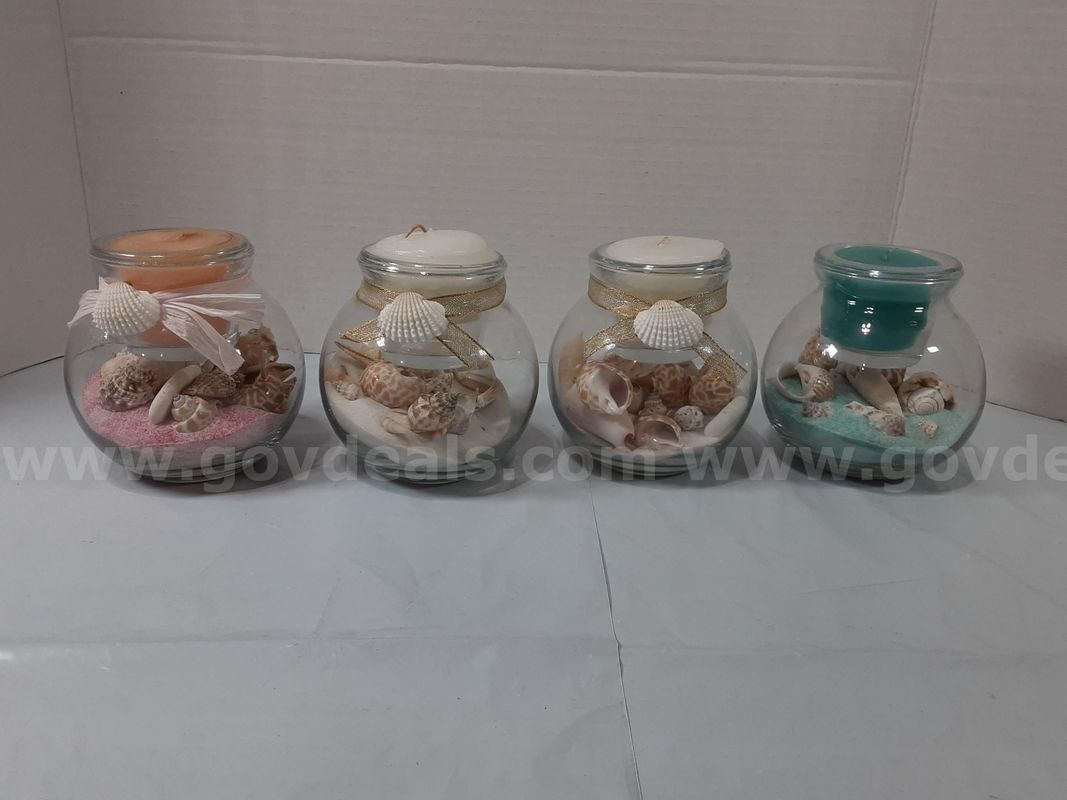 Lot of 4 Original Shell Kreation Handcrafted Seashell Candle Holder Bubble Ball Glass Natural Beach Shell Display Decor