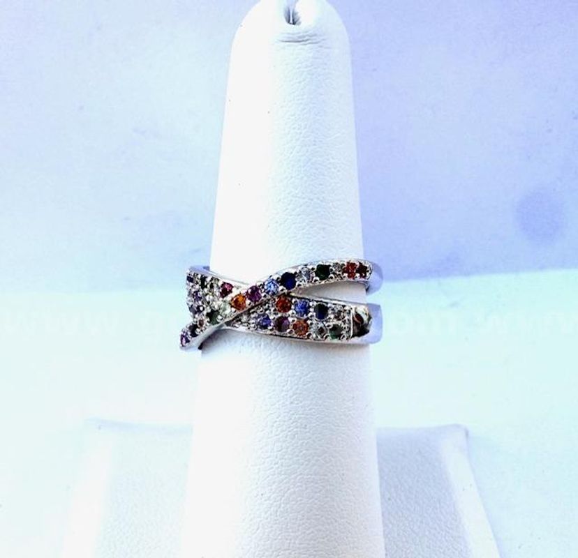 Ladies, Rhodium Clad, Size 6 1/2, Unique CZ Rainbow Ring