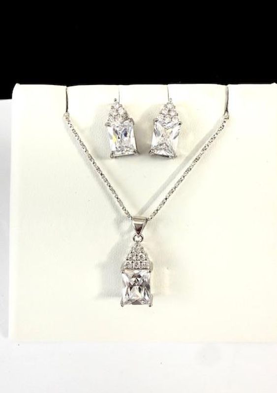 Stunning, Rhodium, CZ Rectangle, Solitaire Earrings, and Necklace Set W/18" Diamond Cut Box Chain