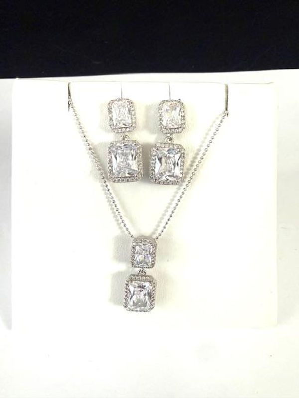Stunning, Rhodium Clad, Hanging Solitaire Earrings W/Matching Pendant on 18" Chain