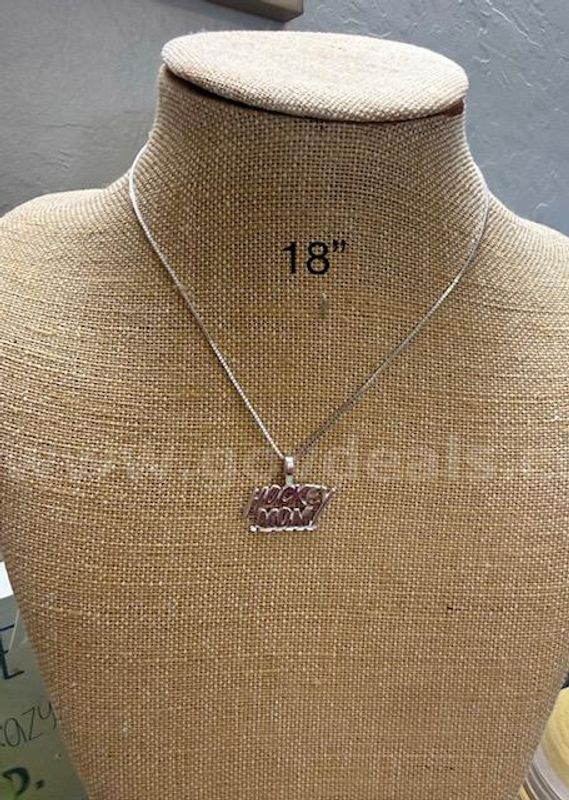 Rhodium Clad,18 Inch, Curb Link Necklace W/Hockey Mom Pendant