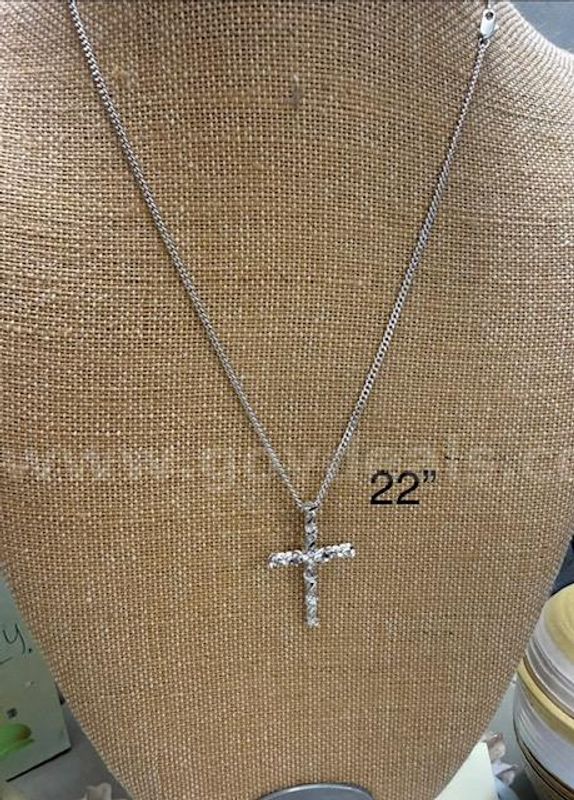 Rhodium Clad, (Silver), 22 Inch, Cuban Link Necklace W/Nugget Cross Pendant