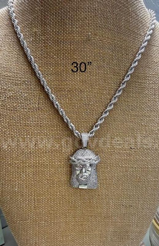 Stunning, Rhodium Clad, CZ Jesus Bling Pendant W/5MM, 30 Inch Rope Chain