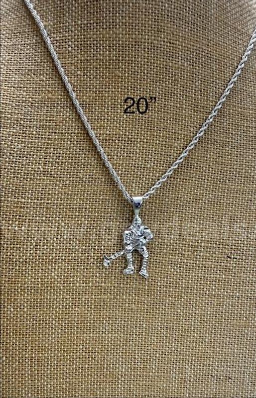 Rhodium Clad (Silver), 20 Inch, 2MM Rope Chain Necklace W/Hockey Pendant