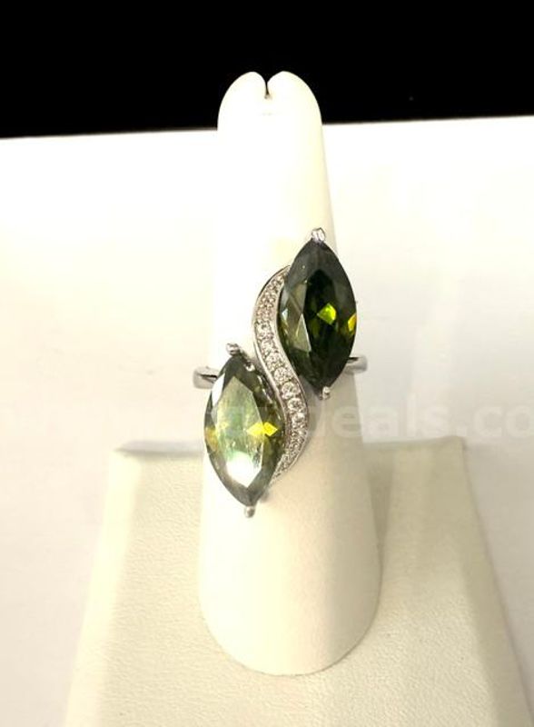 Ladies, Rhodium Clad (Silver), Size 7, Unique, Huge Double CZ Peridot Cocktail Ring