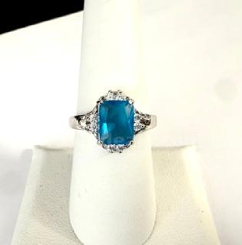 Beautiful, Rhodium Clad (Silver) Size 8, CZ Blue Topaz W/Accents Solitaire Ring
