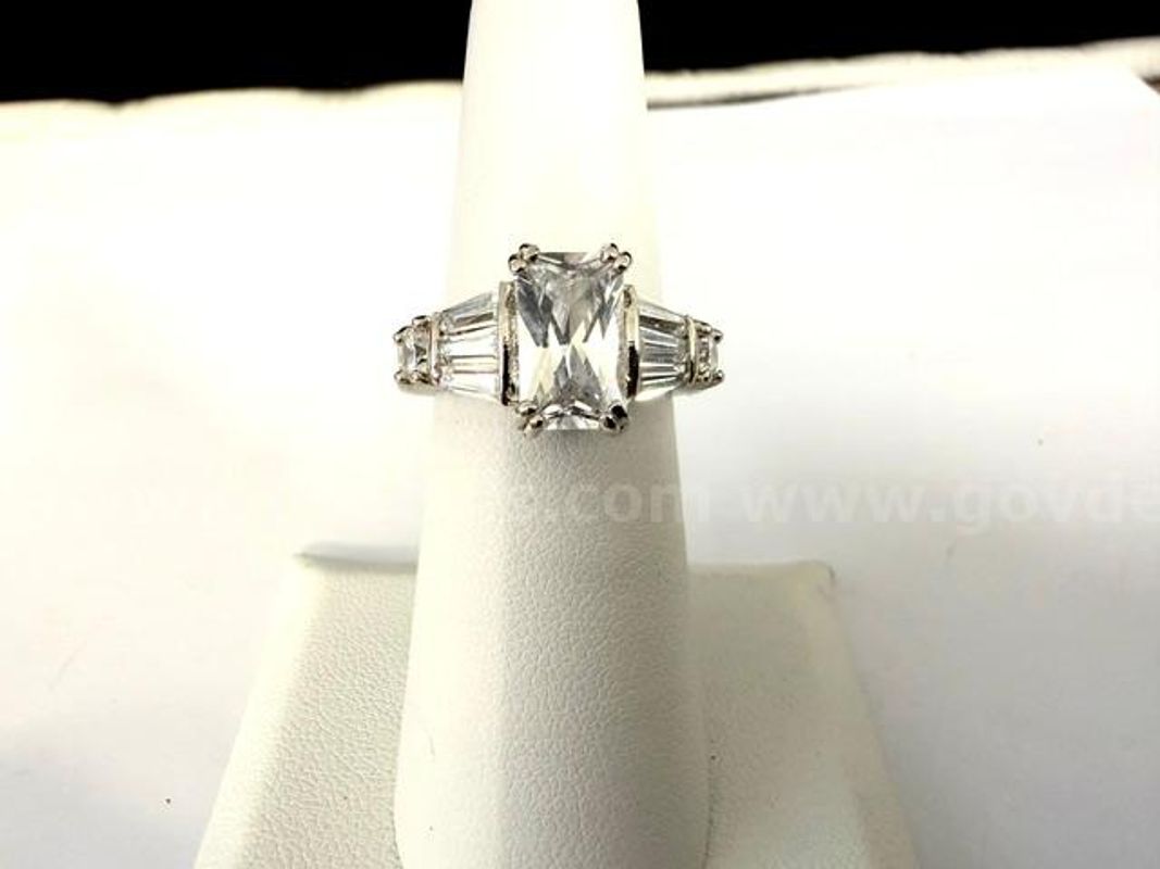 Gorgeous, Rhodium Clad (Silver), Size 6, Rectangle CZ, Solitaire Bridal Ring W/Accents