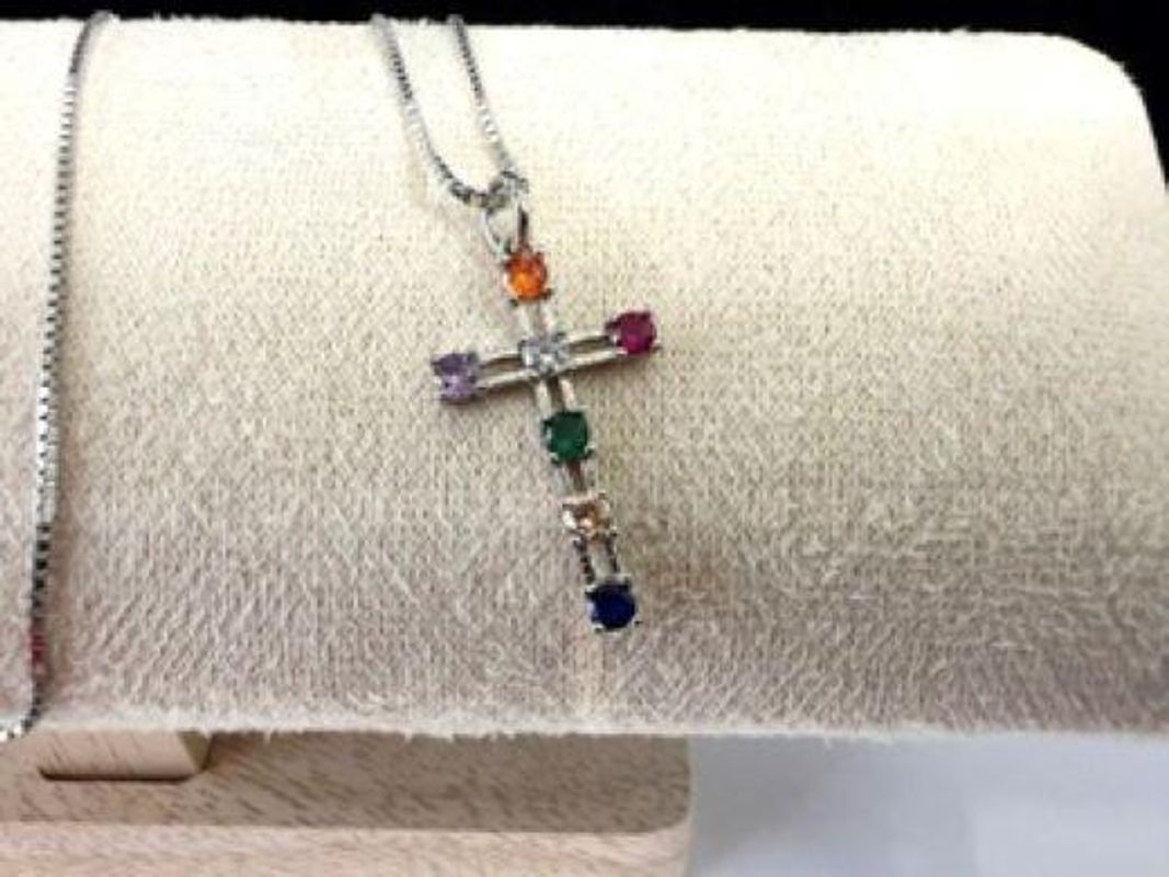 Beautiful, Rhodium Clad (Silver), 18 Inch Box Necklace W/CZ Multi-Colored Cross