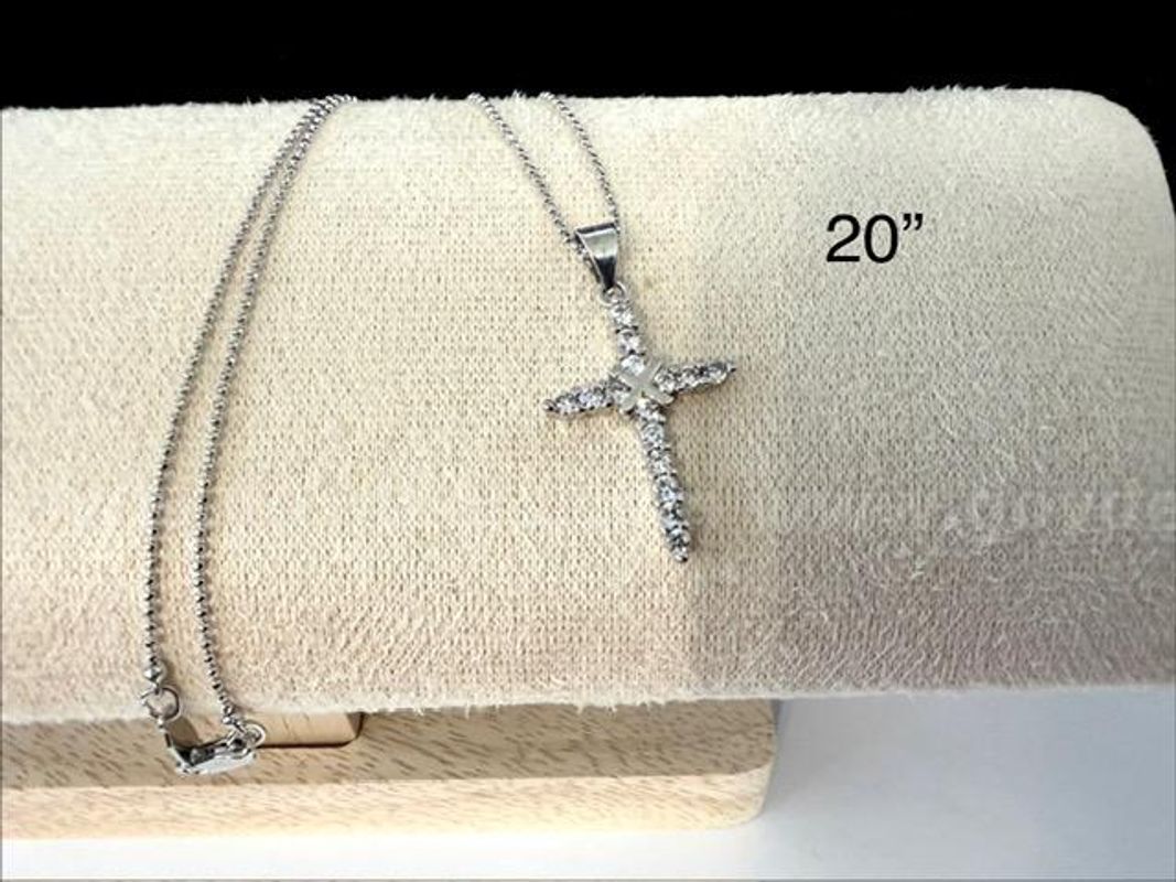 Gorgeous, Rhodium Clad (Silver), CZ Cross W/20 Inch Beaded Necklace Chain