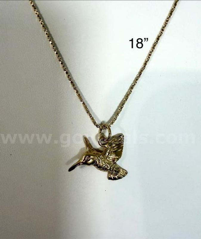 Beautiful, 18 Inch, Diamond Cut Box Chain Necklace, W/Hummingbird Pendant, Real 24k Gold Plated