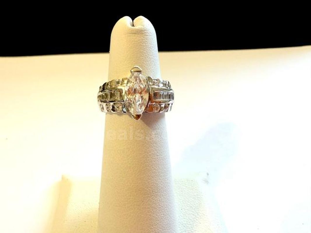 Beautiful, Rhodium Clad (Silver), Size 4, 3 Carat CZ, Marquis Bridal Ring W/Accents