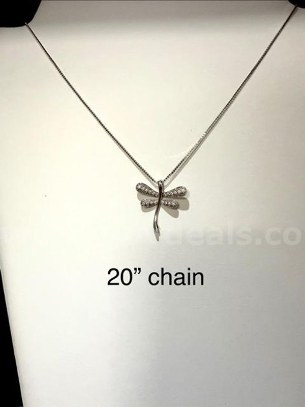 Ladies, Rhodium Clad (Silver), 20 Inch Box Chain Necklace, W/CZ Dragonfly Pendant