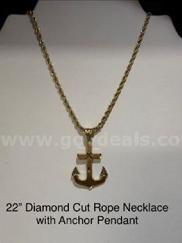 2MM, 22 Inch, Diamond Cut Rope Chain, W/Diamond Cut Anchor Pendant, Real 24k Gold Filled