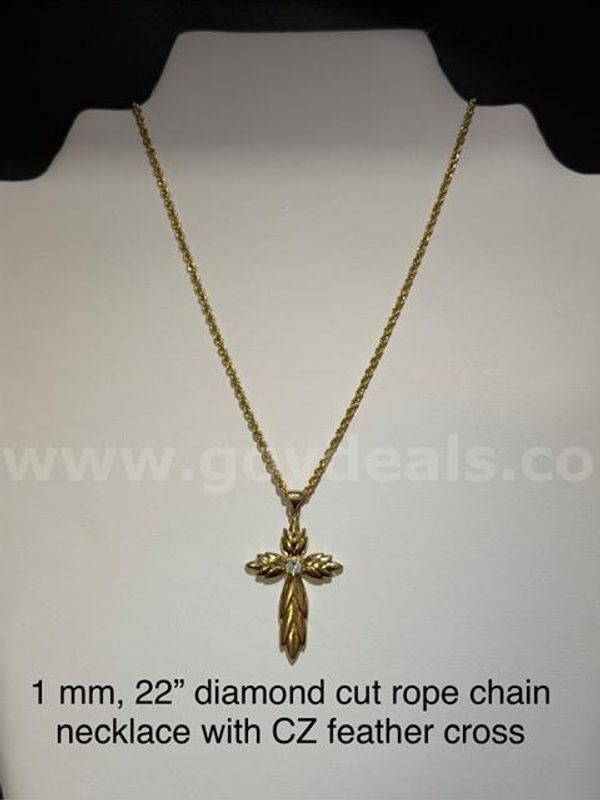 Beautiful, 1MM, 22 Inch, Diamond Cut Rope Chain Necklace, W/CZ Feather Cross, Real 24k Gold Filled