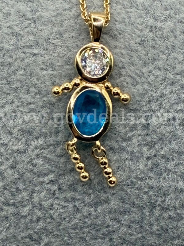 Beautiful, 22 Inch, Dainty Chain Necklace W/ Blue Topaz CZ Little Boy Pendant. 24k Real Gold Plated