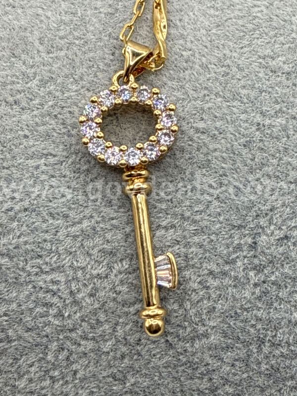 CZ Key Charm w/24” Dainty Necklace. 24K Real Gold Plated