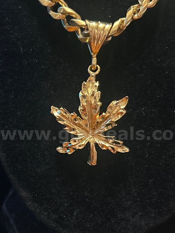 18” Cuban Necklace W/ Cannabis Pendant. 24K Real Gold Plated