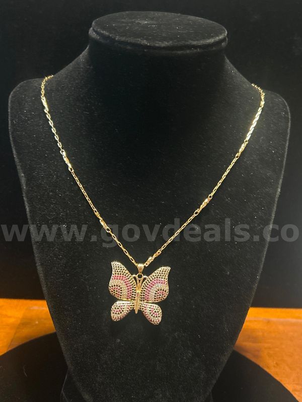 24k Real Gold Plated. Large butterfly CZ Charm w/24" Necklace. FREE SHIPPING W/ BUY IT NOW!