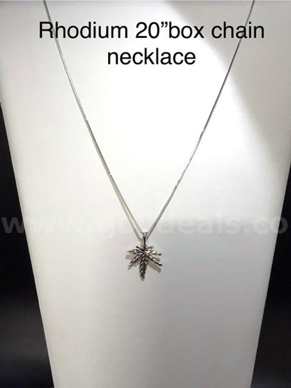 Rhodium Clad (Silver), 20 Inch, Box Chain Necklace W/Marijuana Pendant