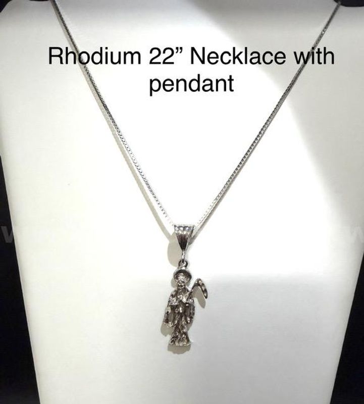 Rhodium Clad (Silver), 22 Inch, Box Chain Necklace W/Grim Reaper Pendant