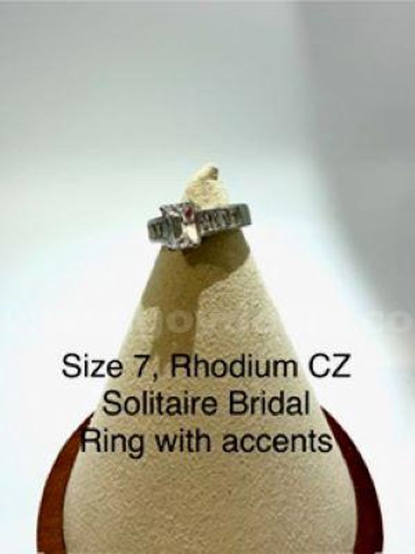 Beautiful, Rhodium Clad (Silver), Size 7, Ladies Solitaire Bridle Ring W/Accents