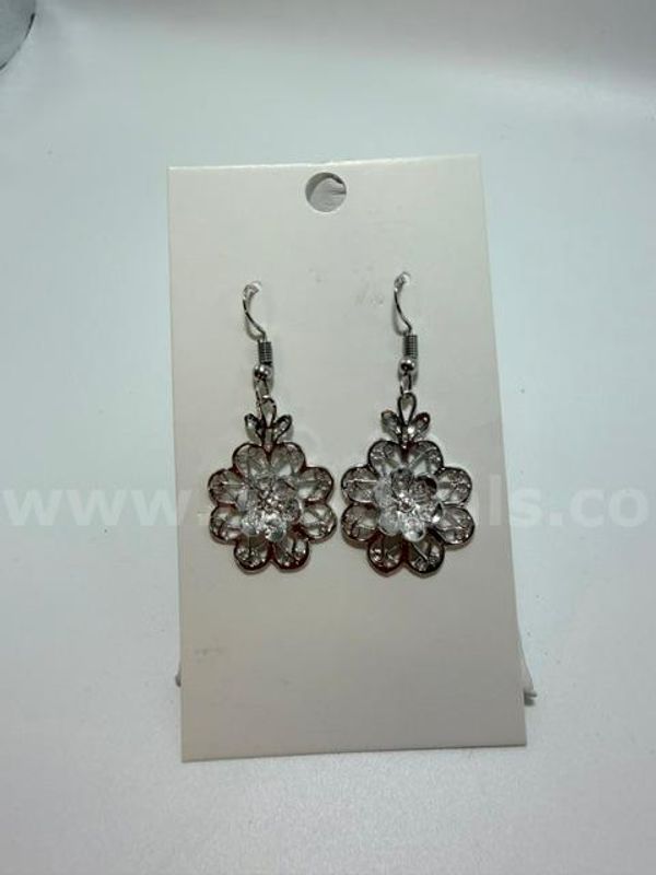 Beautiful Rhodium Clad (Silver), Filigree Diamond Cut Hanging Flower Earrings