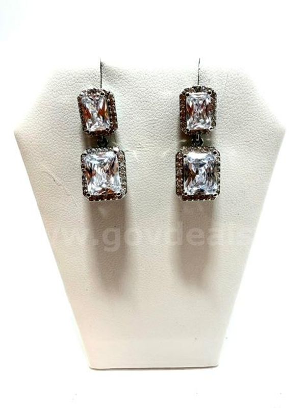 Beautiful, Rhodium Clad (Silver), CZ Double Solitaire Hanging Earrings