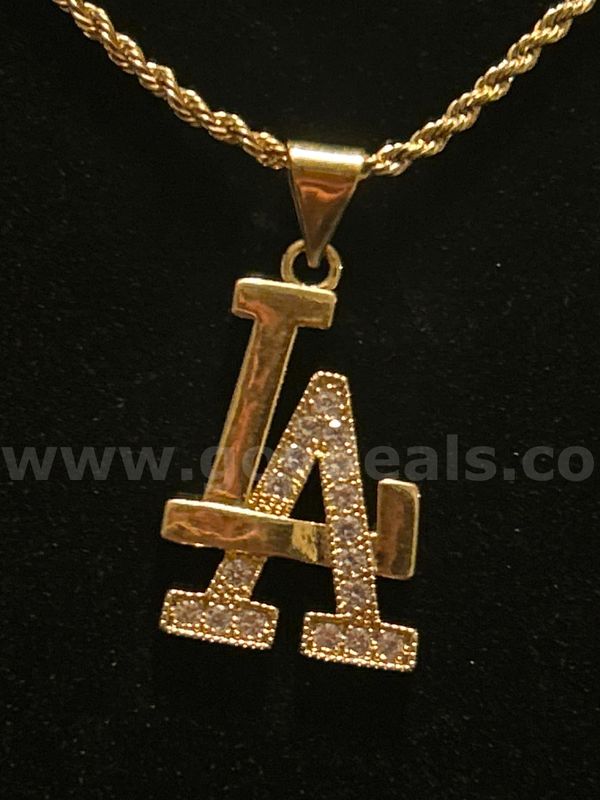 2mm, 20” French Rope Necklace W/ “LA” CZ Pendant 24K Gold Filled.