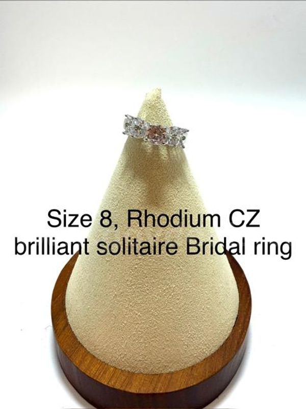 Beautiful, Ladies, Size 8, Rhodium Clad (Silver) Brilliant, Bridal Ring W/Accents