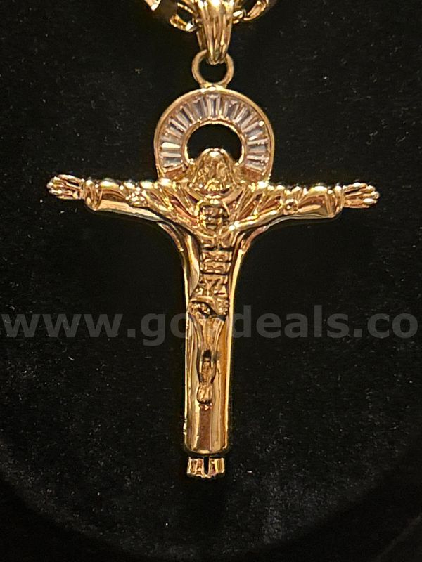 24” Gucci-Style Link Necklace W/Large CZ Father Spirit Cross Pendant. 24k Real Gold Filled.