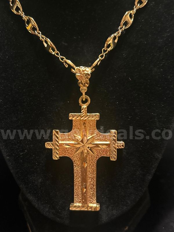 23” Gucci-Style Necklace W/ Large Diamond-Cut Cross Pendant. 24k Real Gold Filled.