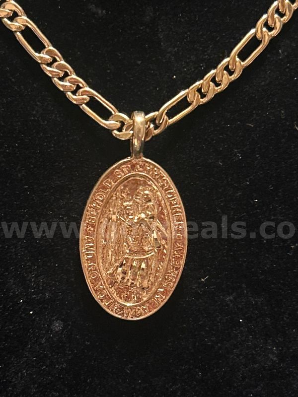 Beautiful, 19" Classic Figaro Necklace W/ St Christopher Pendant. 24k Real Gold Plated