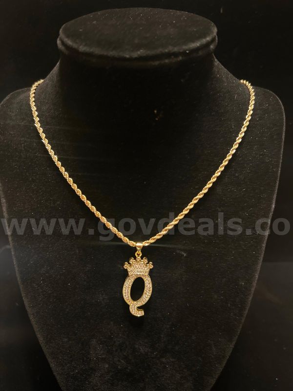 2mm, 21” Diamond Cut Rope Necklace, W/ CZ Initial “Q” Pendant, 24K Gold Filled.