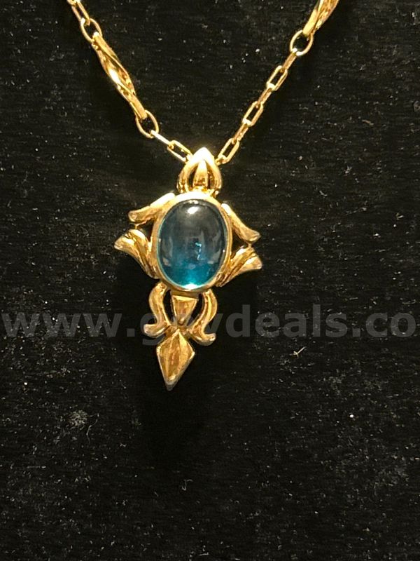 Victorian Revival Blue Cabochon Fleur-de-Lis Style Pendant W/ 18” Necklace. 24K Real Gold FREE SHIPPING W/ BUY IT NOW!