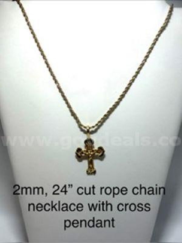 2MM, 24 Inch, Real 24k Gold Filled, Diamond Cut Rope Chain, W/Cross Pendant