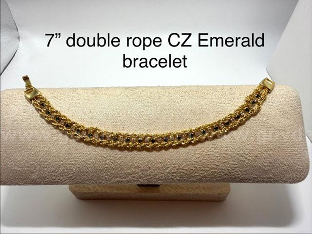 Beautiful, 7 Inch, CZ Emerald, Double Rope Tennis Bracelet, 24k Real Gold Filled